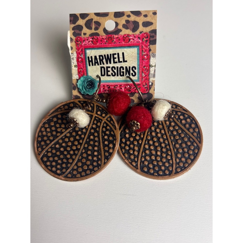 Basketball Dangle Earrings Leather Bronze Tone Red White Poms New
